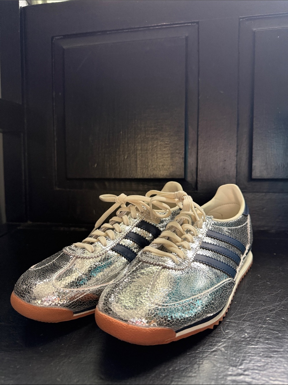 Women’s adidas Silver Metallic Sneakers with Navy Stripes